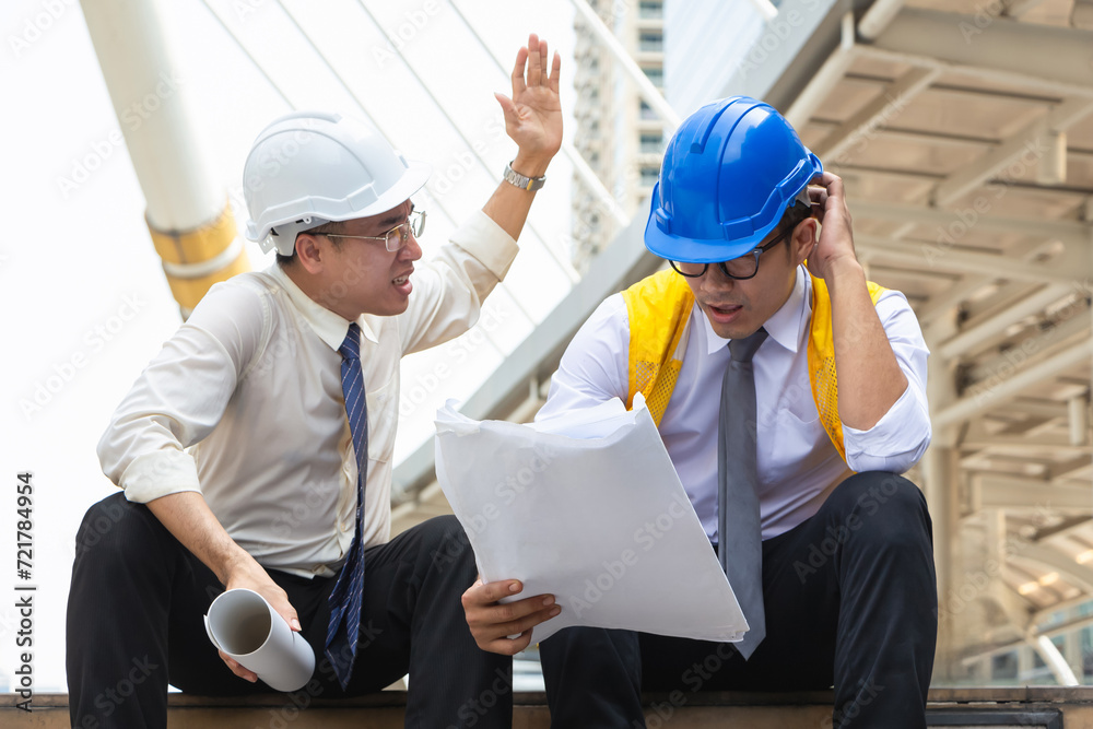 Serious engineer man team with drawing paper planning projects in construction site Serious engineer man team with drawing paper planning projects in construction site