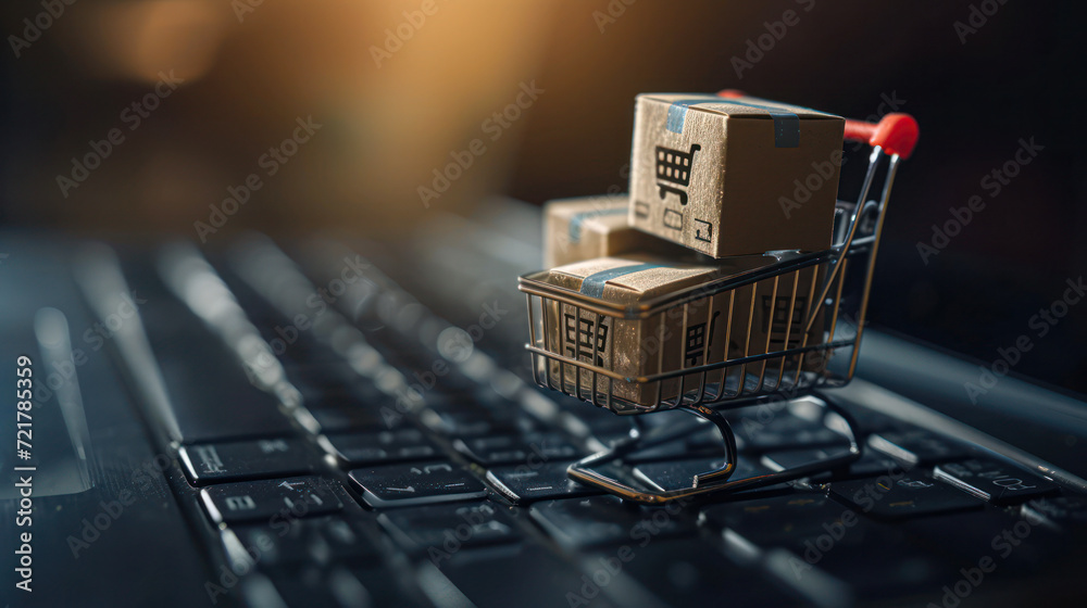 Online Shopping Concept with Cart on Keyboard.A miniature shopping cart filled with package boxes on a laptop keyboard, symbolizing online shopping and e-commerce.