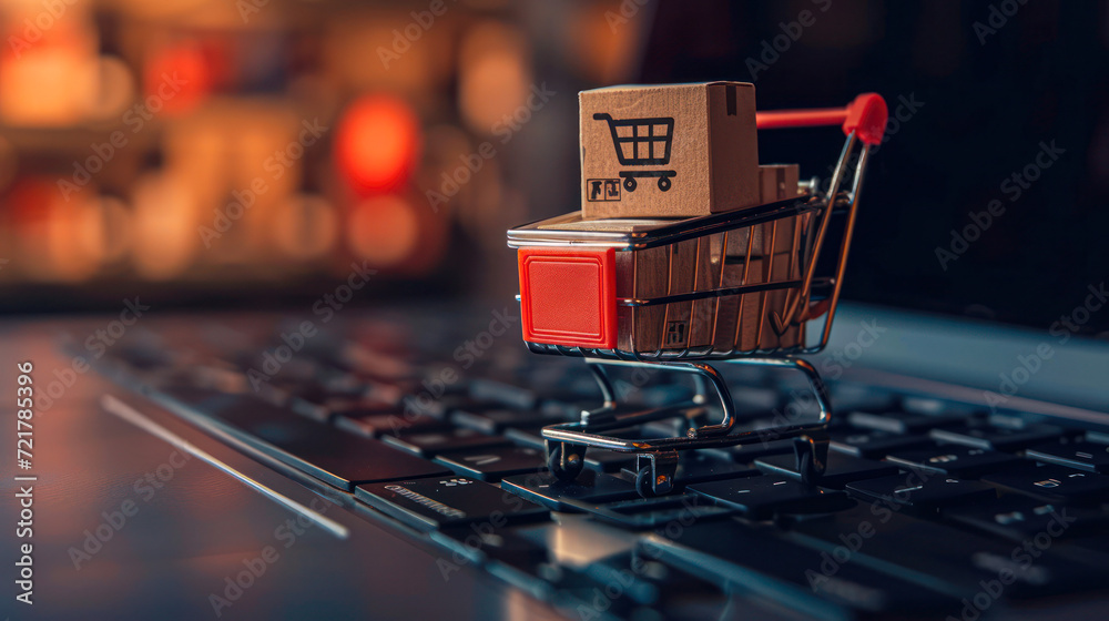 Online Shopping Concept with Cart on Keyboard.A miniature shopping cart filled with package boxes on a laptop keyboard, symbolizing online shopping and e-commerce.