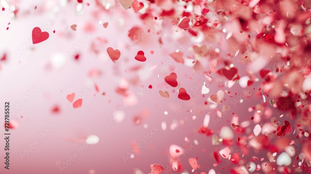Valentine's Day background. A lot of pink red white mini hearts fall on to the ground on pink backgrounds. Valentine's Day background. A lot of pink red white mini hearts fall on to the ground on pink backgrounds.