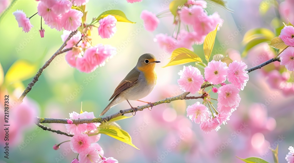 Fototapeta premium Little bird sitting on branch of blossom cherry tree. Spring time.