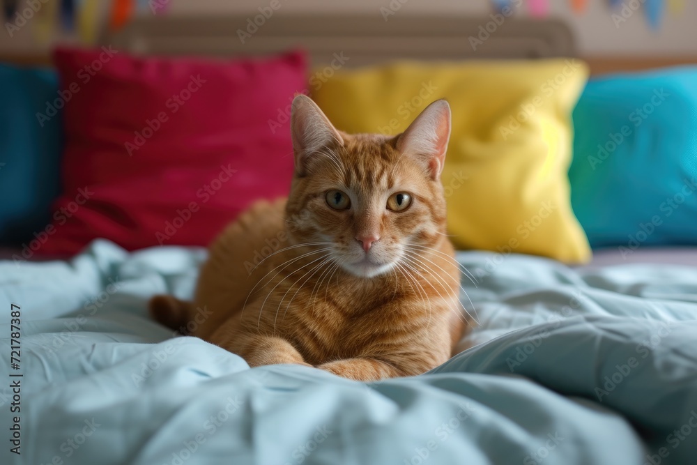 Cat with color pillows behind him on a bed. Cat with color pillows behind him on a bed.