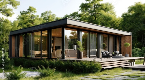 Modular wooden house. Modern and elegant style, with an outdoor living area.