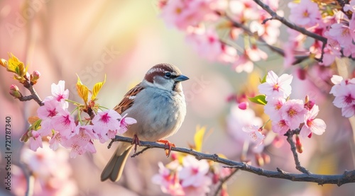 Little bird sitting on branch of blossom cherry tree. Spring time.