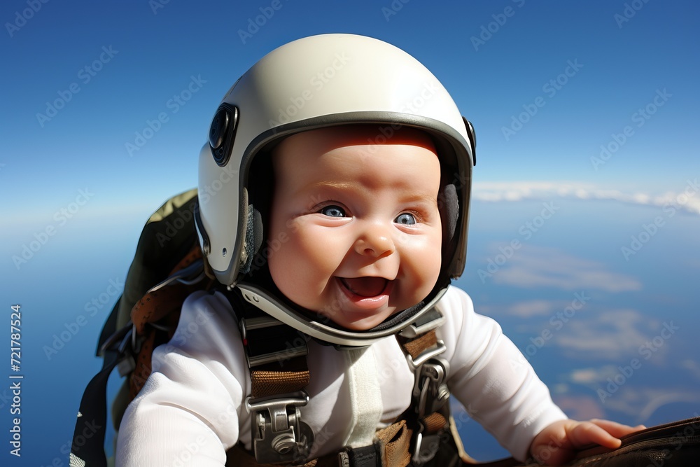 Baby skydiving in fluffy clouds with blue sky, wearing a skydiving suit and helmet Baby skydiving in fluffy clouds with blue sky, wearing a skydiving suit and helmet