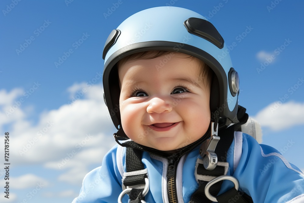 Baby skydiving in fluffy clouds with blue sky, wearing a skydiving suit and helmet Baby skydiving in fluffy clouds with blue sky, wearing a skydiving suit and helmet