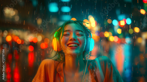 Asian girl with radiant smile wearing headphones in the rain at night in the city