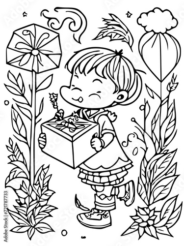 cartoon child receiving extraordinary gifts on their magical birthday, such as a flying broomstick or a talking pet , black and white svg 31