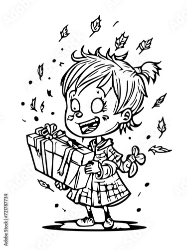 cartoon child receiving extraordinary gifts on their magical birthday, such as a flying broomstick or a talking pet , black and white svg 31