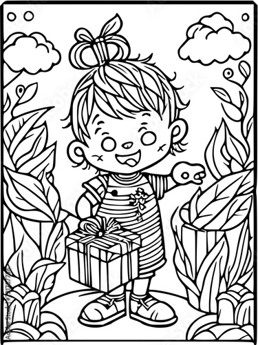 cartoon child receiving extraordinary gifts on their magical birthday, such as a flying broomstick or a talking pet , black and white svg 31
