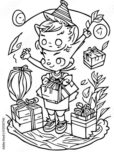 cartoon child receiving extraordinary gifts on their magical birthday, such as a flying broomstick or a talking pet , black and white svg 31