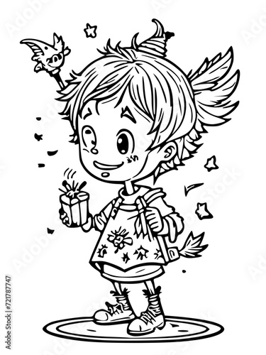 cartoon child receiving extraordinary gifts on their magical birthday, such as a flying broomstick or a talking pet , black and white svg 31