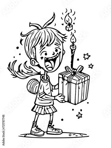 cartoon child receiving extraordinary gifts on their magical birthday, such as a flying broomstick or a talking pet , black and white svg 31