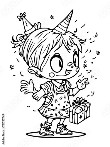cartoon child receiving extraordinary gifts on their magical birthday, such as a flying broomstick or a talking pet , black and white svg 31