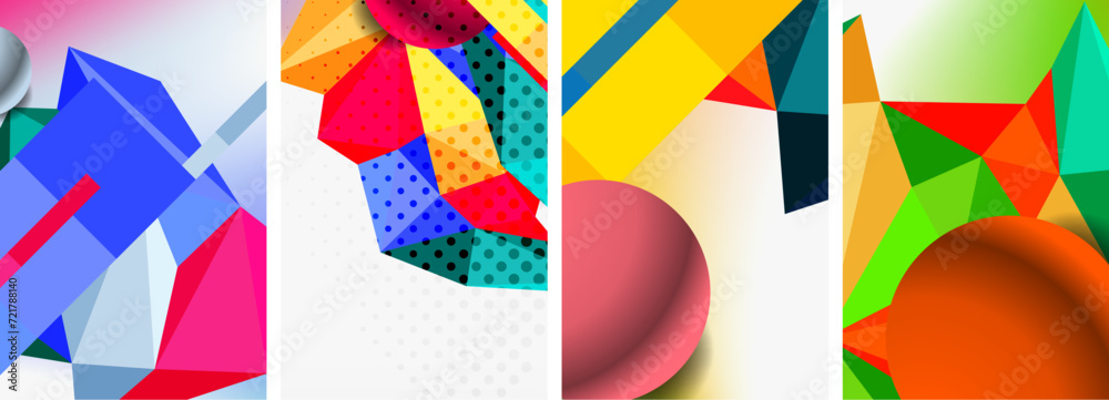Set of geometric abstract composition with spheres and triangles. Vector illustration For Wallpaper, Banner, Background, Card, Book Illustration, landing page Set of geometric abstract composition with spheres and triangles. Vector illustration For Wallpaper, Banner, Background, Card, Book Illustration, landing page