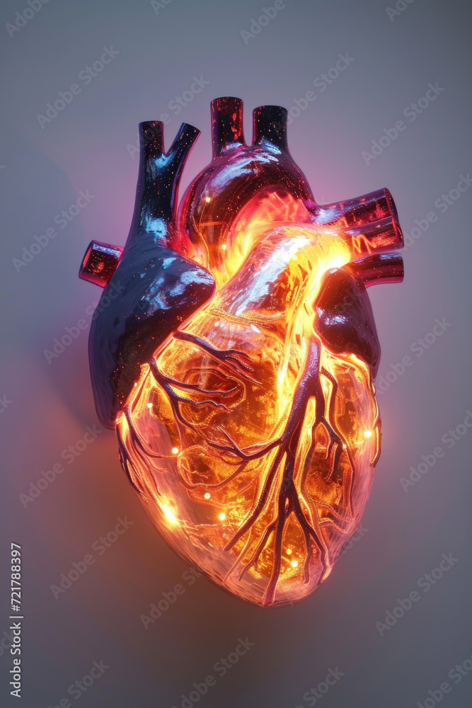3D Model Heart with Glowing Orange Electric Pulse, Generative AI