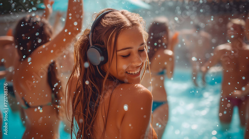 Radiant girl basks in sunlight at a pool party silent disco, surrounded by splashes