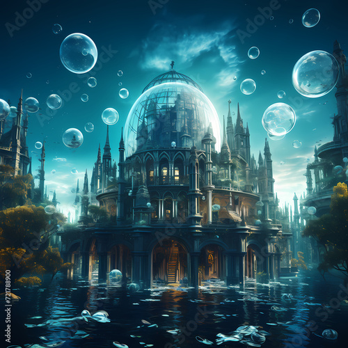 Underwater city with glass domes.