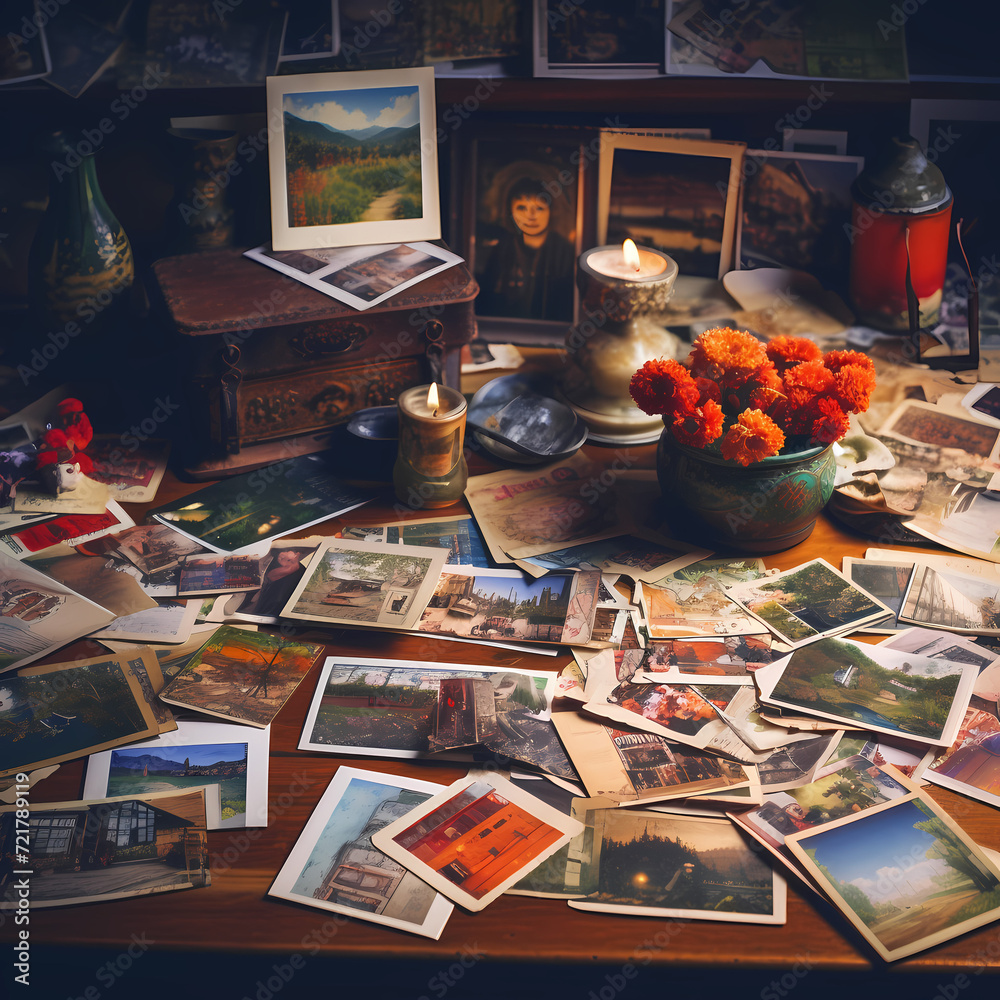 Vintage postcards scattered on a table. 