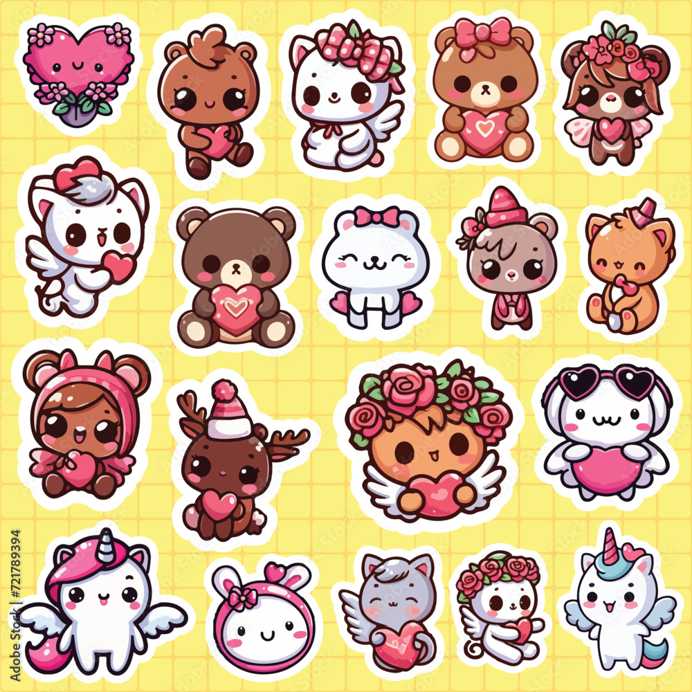Cute character sticker pack printable vector llustration