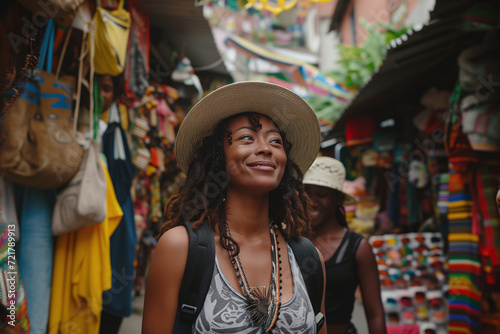 An African-American girl in a traditional Latin market. travel concept.