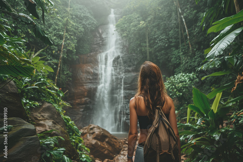latina girl looking at a waterfall hidden in the jungles. concept of adventure.