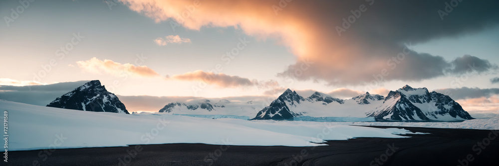 Panoramic view of snowy mountains and glaciers at sunset, Antarctic landscape