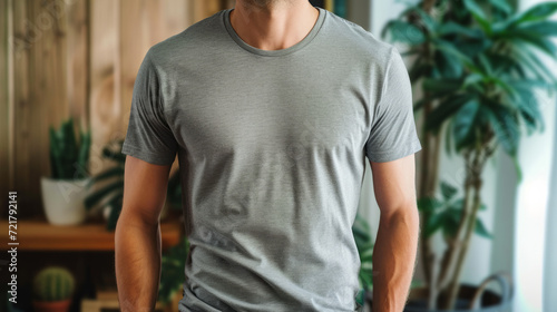 Blank Gray T- shirt mockup on male model, Empty T-shirt template, Fashion advertising display. Generative AI 
