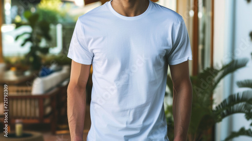 Blank white T- shirt mockup on male model, Empty T-shirt template, Fashion advertising display. Generative AI	
