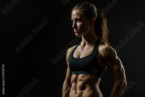 Woman showcasing fitness and physique on black background