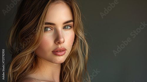 Close-Up of Woman with Wavy Blonde Hair.Close-up portrait of a young woman with wavy blonde hair and natural makeup, highlighting her green eyes and soft expression.