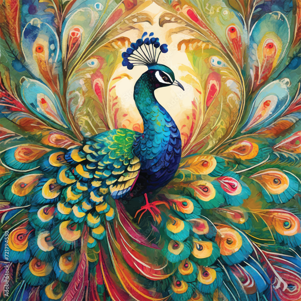 Fototapeta premium Ornamental beautiful textured peacock. Ethnic style colorful bright peacock bird. Vector ornate black background illustration with multicolor exotic royal peacock bird. Paisley style patterned tail.