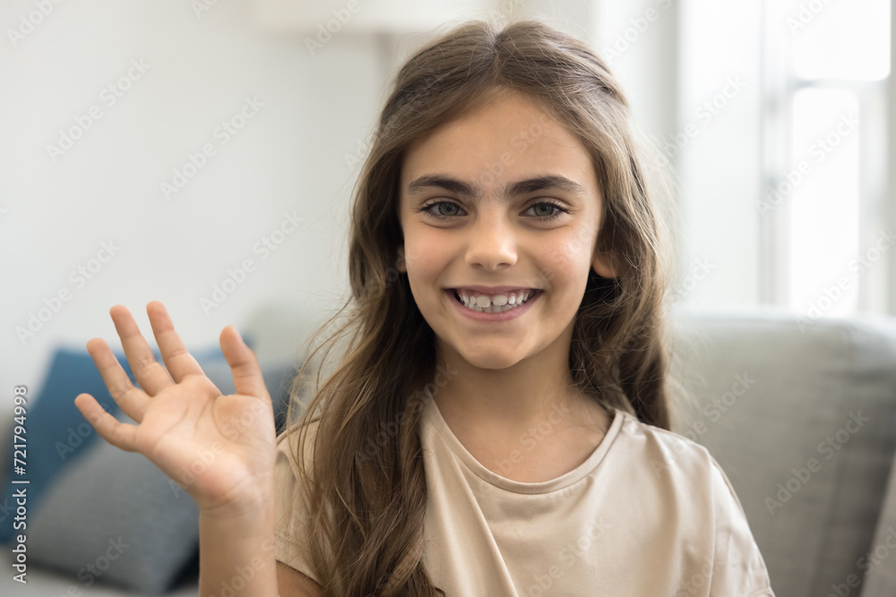 Happy cute little blogger kid girl with long hair and bushy brows waving greeting hand at camera, saying hello, smiling, laughing, speaking on online streaming, video call, enjoying communication Happy cute little blogger kid girl with long hair and bushy brows waving greeting hand at camera, saying hello, smiling, laughing, speaking on online streaming, video call, enjoying communication