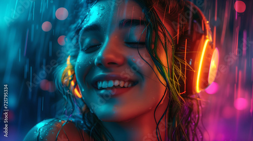 Carefree young girl enjoying music in the rain with colorful illuminated headphones closeup