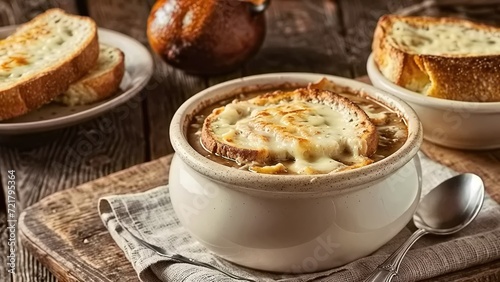 A bowl of French onion soup with cheese toast on a rustic wooden table.