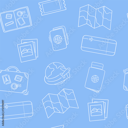 Travel blue doodle seamless pattern. Passport, map, photo, ticket icons set. Vector illustration.