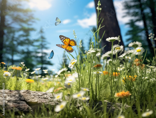 Forest with butterflies in clear weather