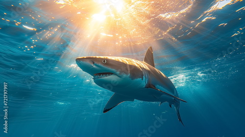 White shark open toothy dangerous mouth with many teeth.Clear water shark swims. Generated AI photo