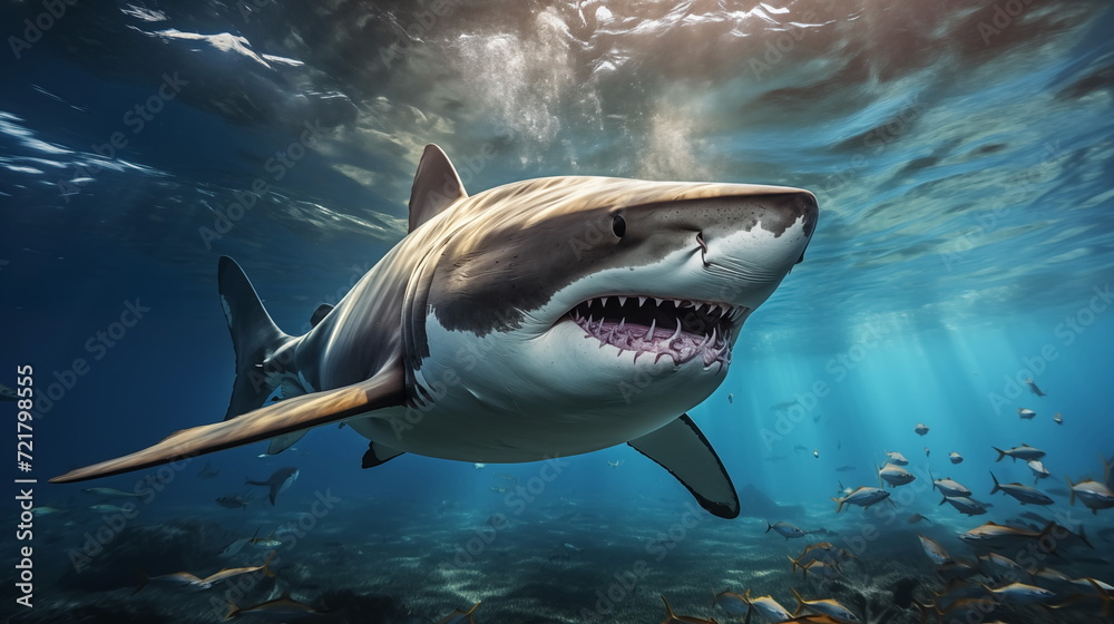 Fototapeta premium White shark open toothy dangerous mouth with many teeth.Clear water shark swims. Generated AI