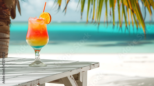  Rainbow paradise cocktail with a orange slice and a straw on a rustic white washed table on a tropical beach. Turquoise sea in the background.