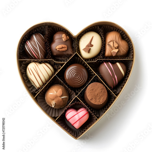 Heart shaped chocolate box with different type chocolate pralines. Isolated on white