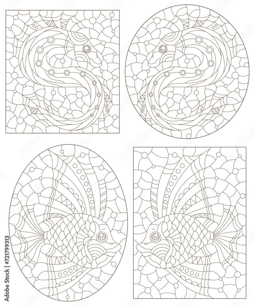 Set of contour illustrations in the style of stained glass with abstract fish, dark outlines on a white background Set of contour illustrations in the style of stained glass with abstract fish, dark outlines on a white background