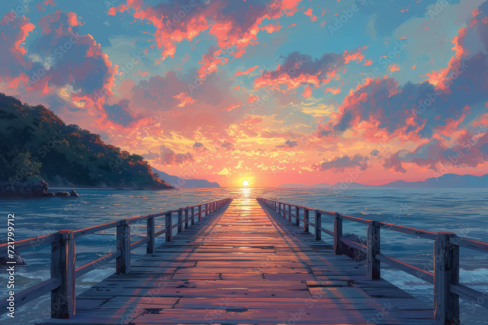 Fototapeta premium Tropical island sunset view, digital illustration