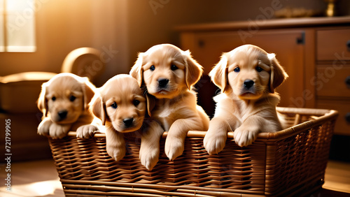 small golden retriever puppies sitting in a basket, generative AI