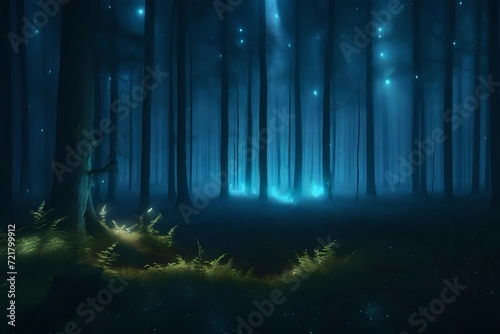 Magical dark fairy tale forest at night with glowing lights and fog 