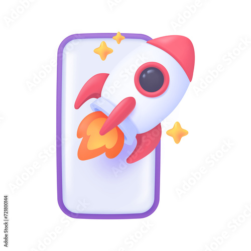 3D rocket flying from a mobile phone. Ideas for investing in risky assets to earn profits.