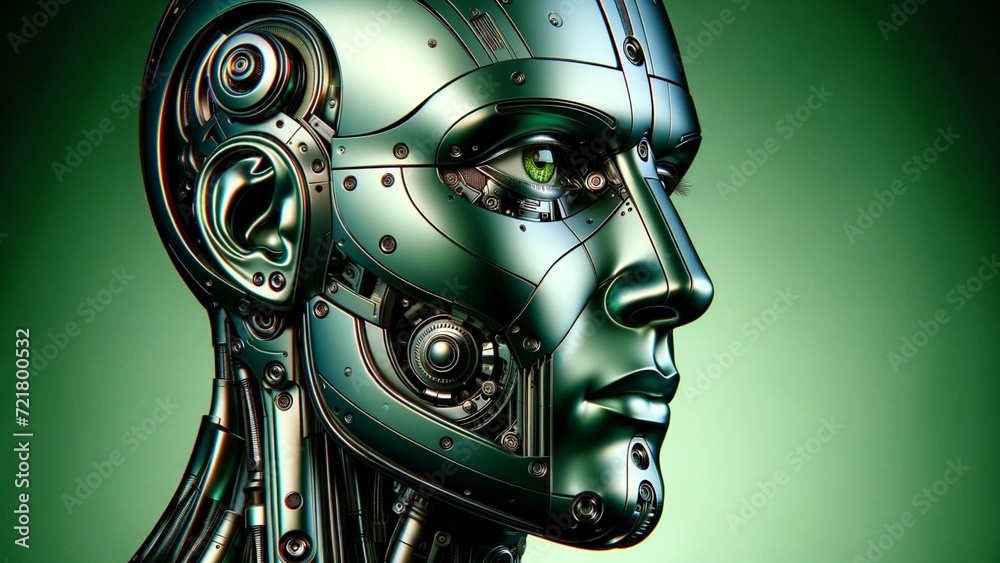 a futuristic, metallic humanoid face in profile view. The face should have a sleek and smooth surface with a high-tech appearance a futuristic, metallic humanoid face in profile view. The face should have a sleek and smooth surface with a high-tech appearance