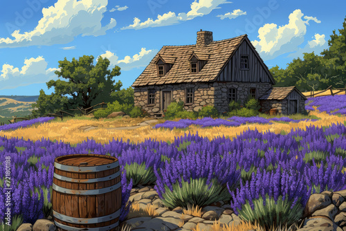 Rural homestead in the country side with lilac fields digital illustration photo