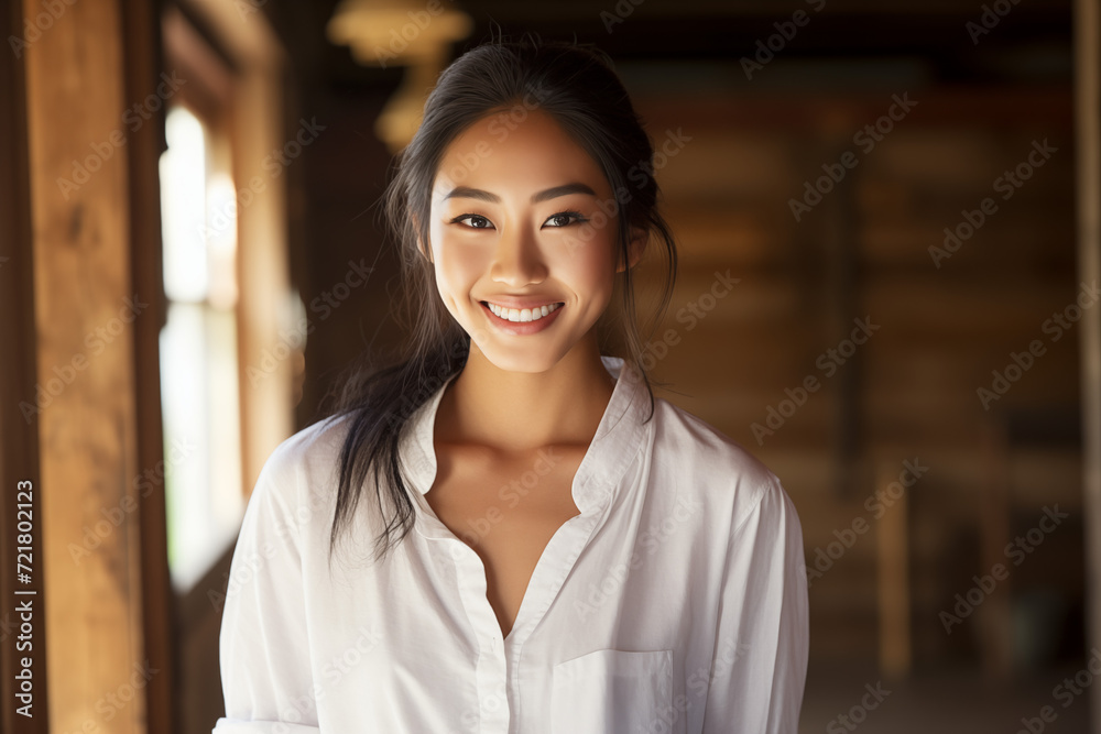 Asian girl smile radiating joy  with a friendly demeanor dons. A004
