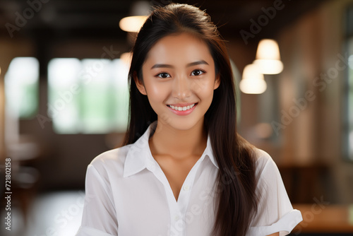 Asian girl smile radiating joy  with a friendly demeanor dons. A003